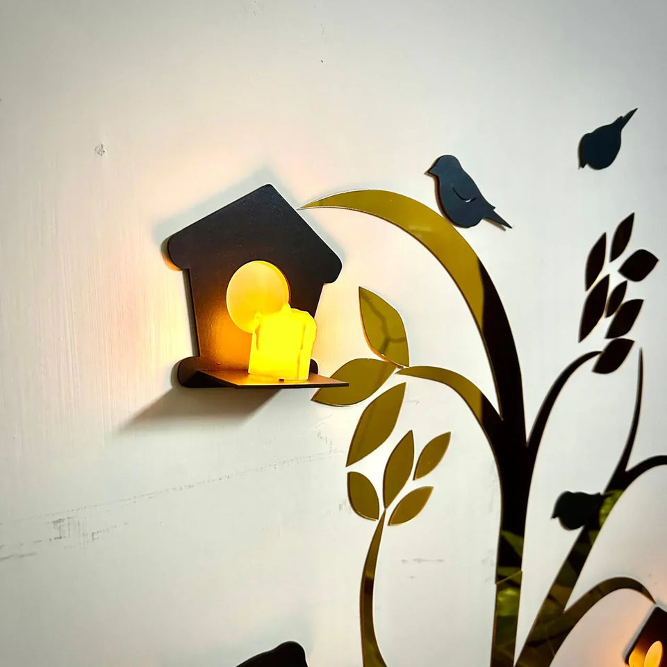 Acrylic Birds on Tree Wall Décor with Wooden Shelves