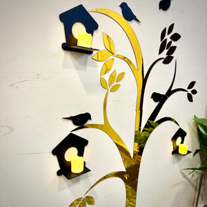 Acrylic Birds on Tree Wall Decor with Wooden Shelves – Large Size